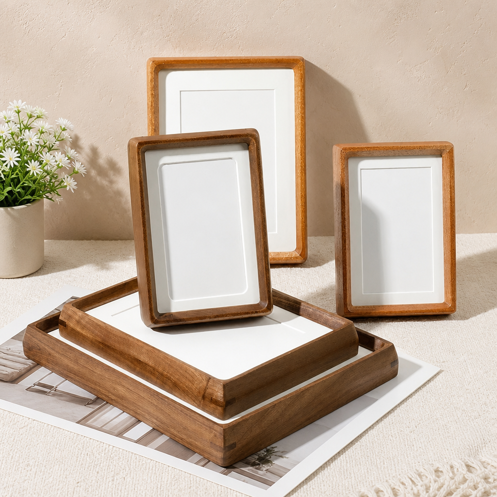 Wooden photo frames and matching tray with white inserts on a sunlit textured tabletop.