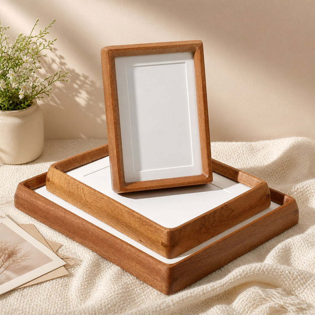 Wooden serving trays and matching photo frame with white insets on a soft tabletop.