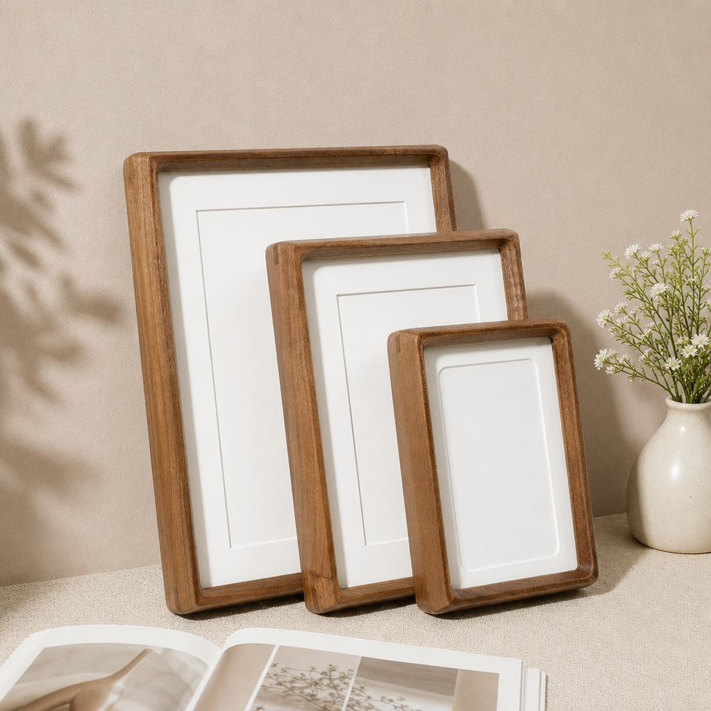 Three nested wooden picture frames with white mats leaning on a softly styled tabletop.