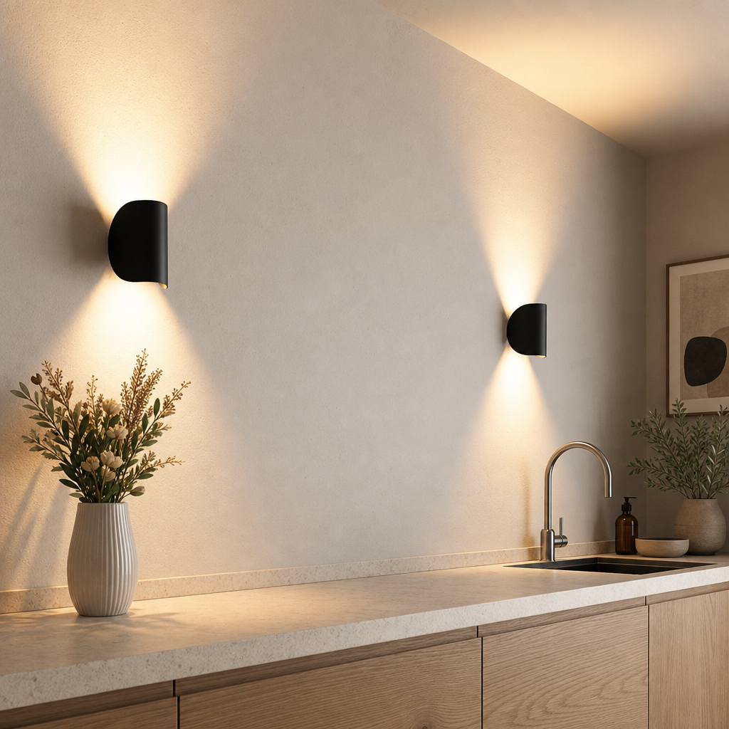 Two black wall sconces illuminate a modern kitchen counter with warm upward and downward beams.