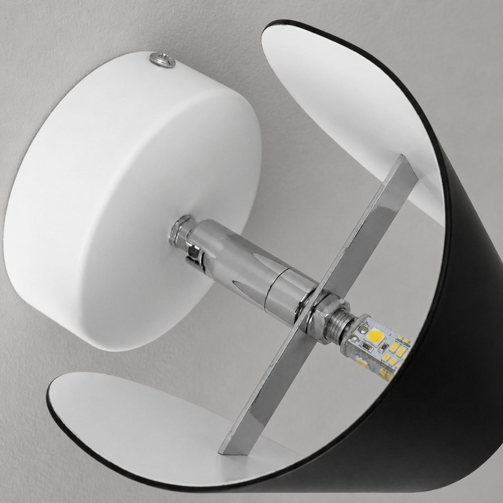 White wall lamp fixture with black shade, metal bracket, and exposed LED bulb.