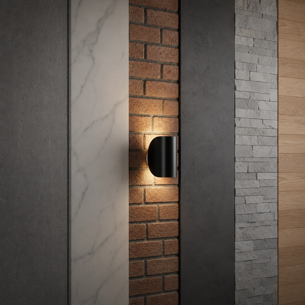 Black cylindrical wall sconce glowing on a brick panel between vertical material samples.