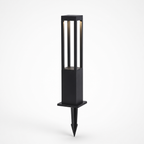 Black rectangular outdoor stake light with vertical glowing panels and pointed ground spike.