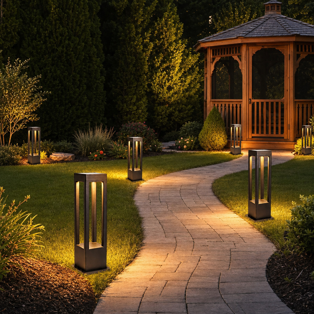 Modern black bollard lights illuminate a curved garden path beside a wooden gazebo.