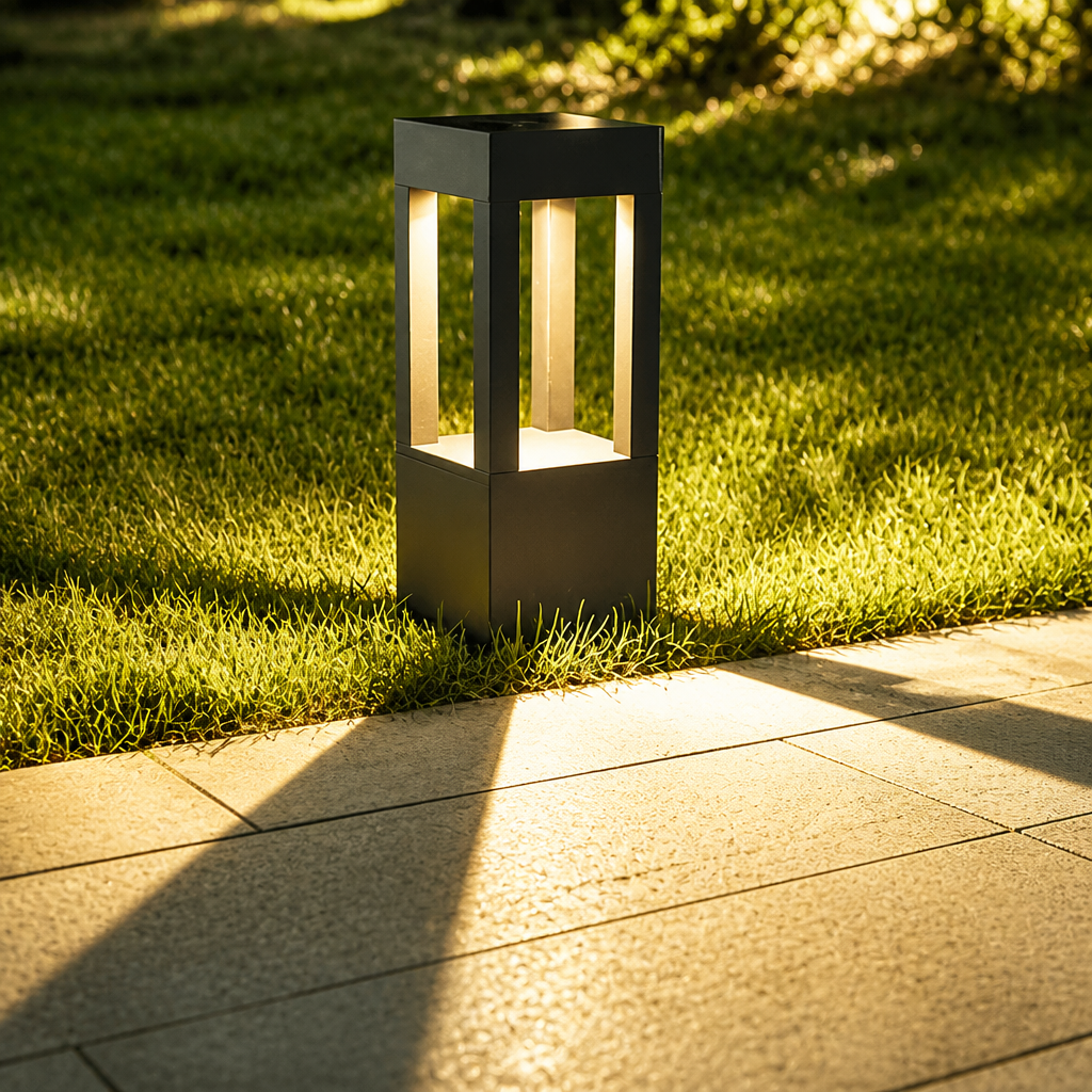 Black rectangular outdoor bollard lamp glowing on grass beside a paved path.