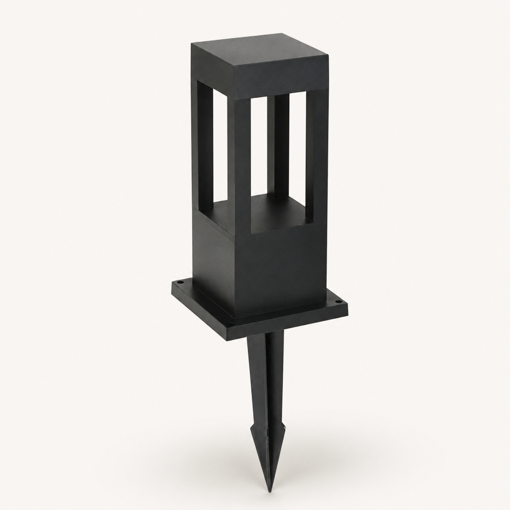 Black square garden stake light with open window panels and pointed ground spike.