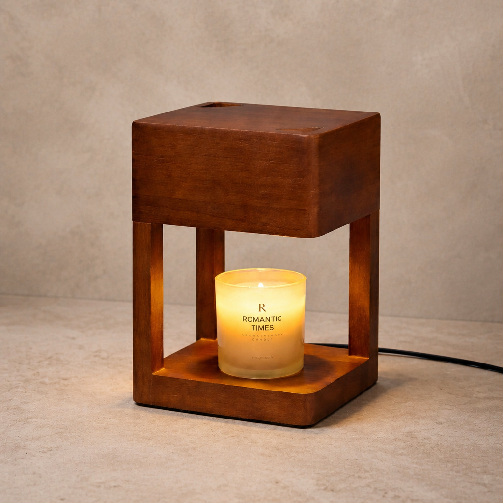 Wooden cube candle warmer with a glowing frosted glass candle on a neutral tabletop.