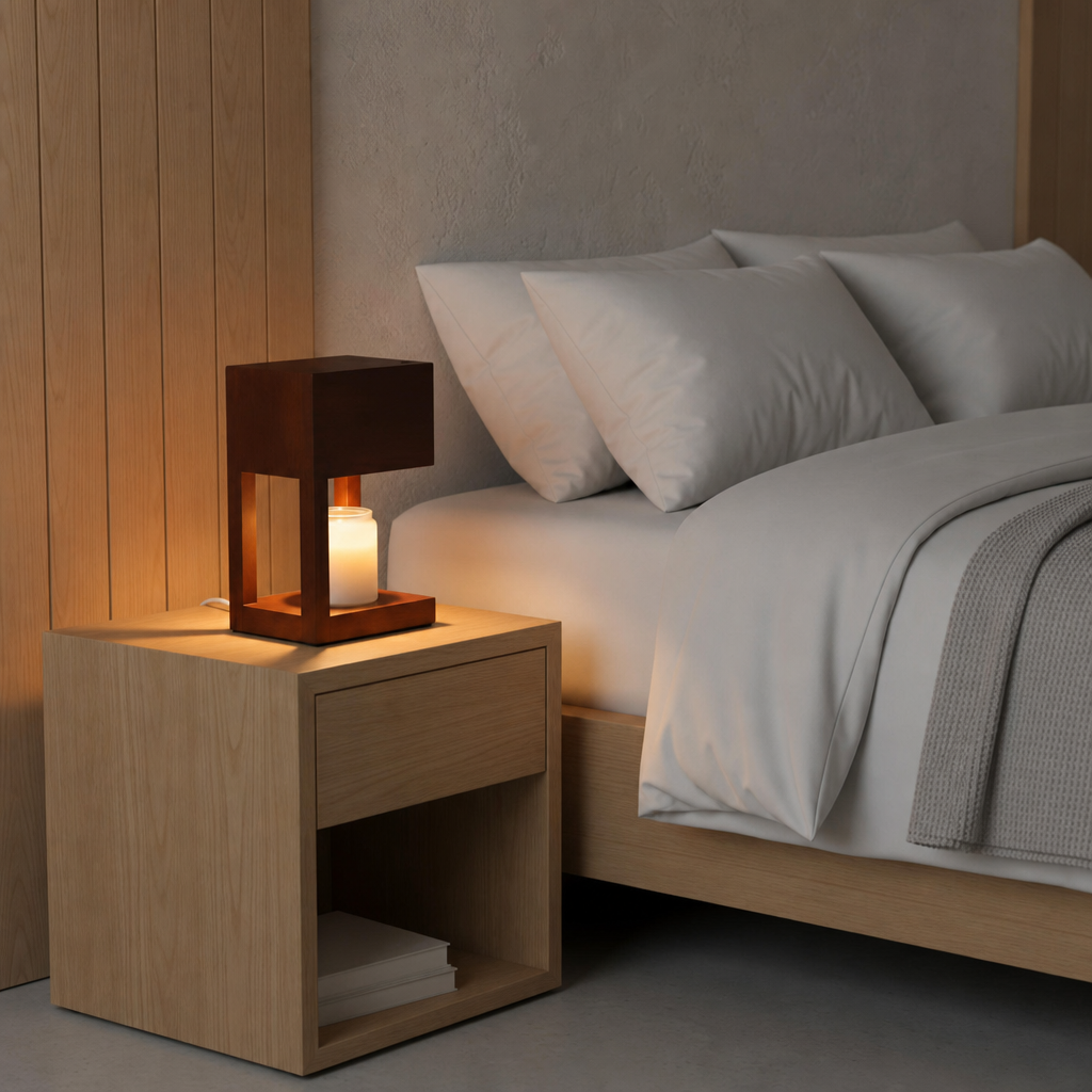 Wooden bedside table with a warm square lamp beside a neatly made bed.