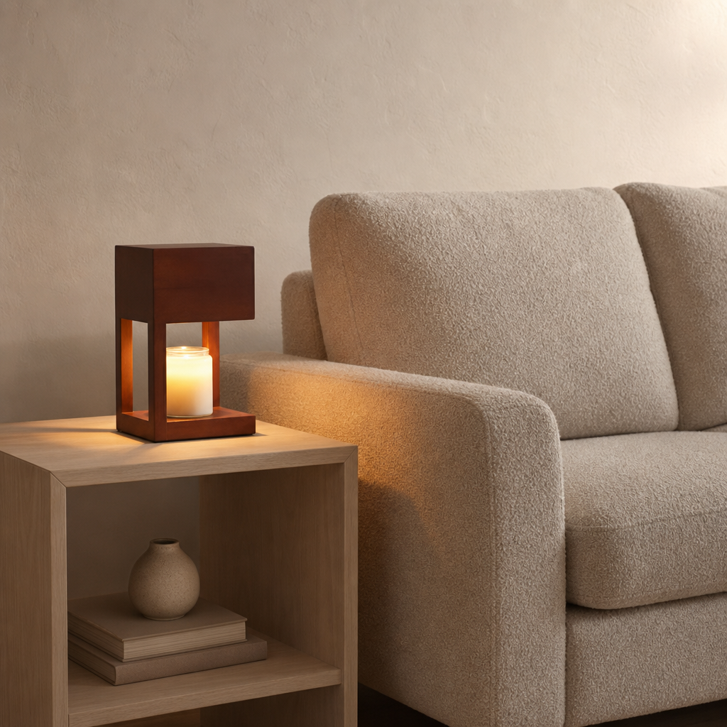 Wooden cube lantern with a glowing candle sits on a side table beside a beige sofa.