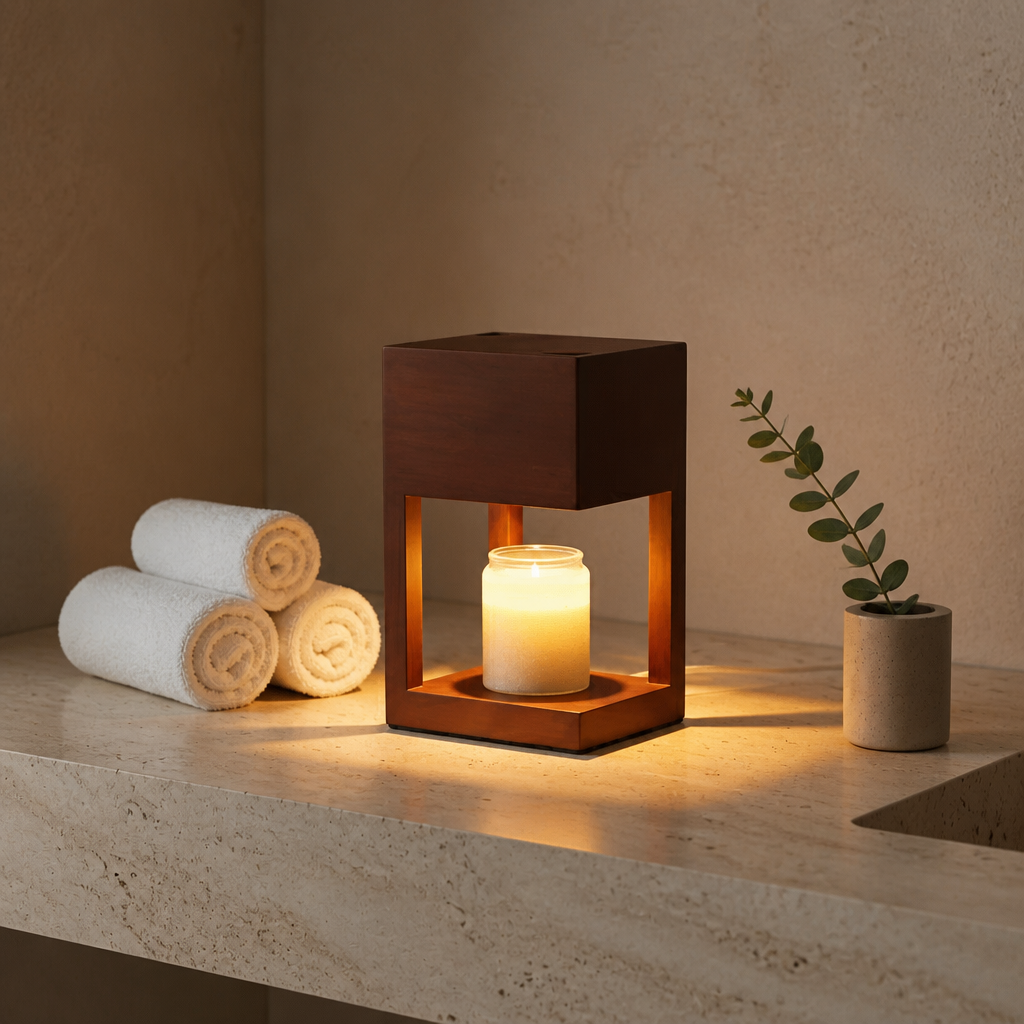 Glowing candle lantern on a stone counter with rolled towels and a small potted plant.