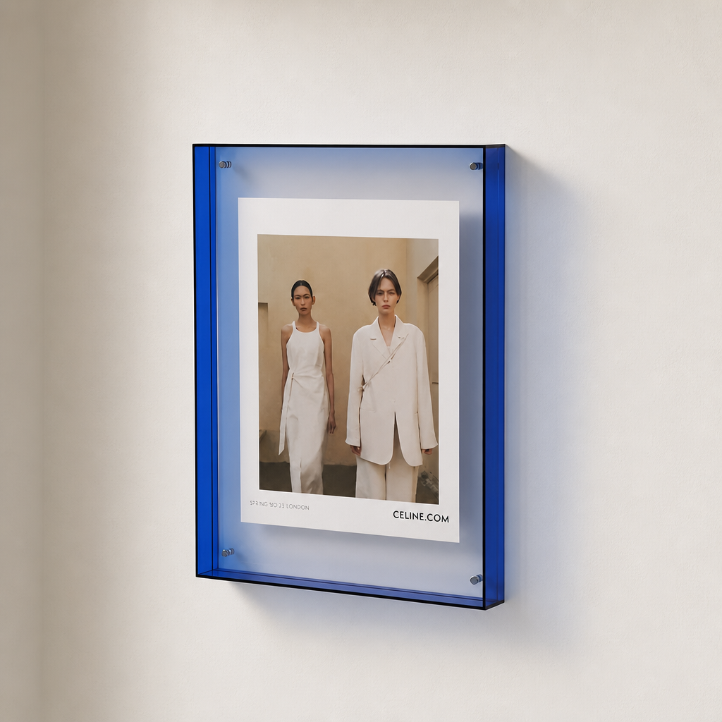 Blue acrylic wall-mounted display frame holding a white fashion poster.