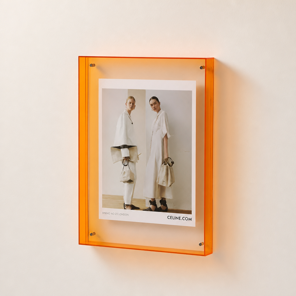 Orange translucent wall-mounted poster frame displaying a Celine fashion print.