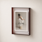 Wall-mounted reddish-brown display frame holding a CÉLINE fashion poster on a pale wall.