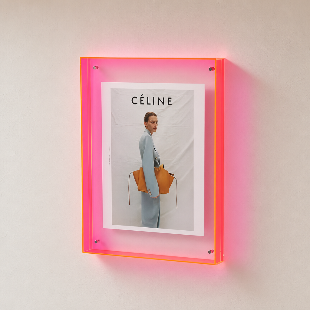 Pink acrylic wall frame displaying a CÉLINE fashion poster on a pale wall.