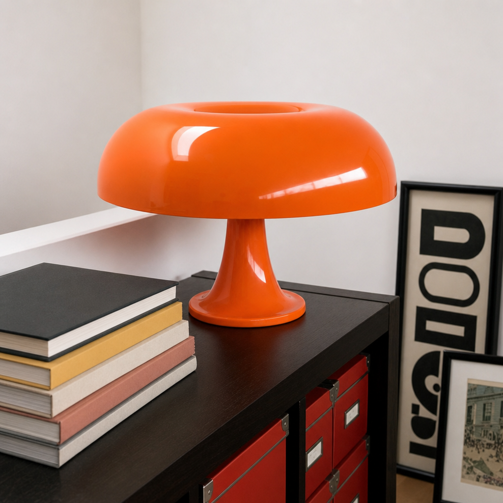 Glossy orange mushroom table lamp on a dark cabinet beside stacked books.