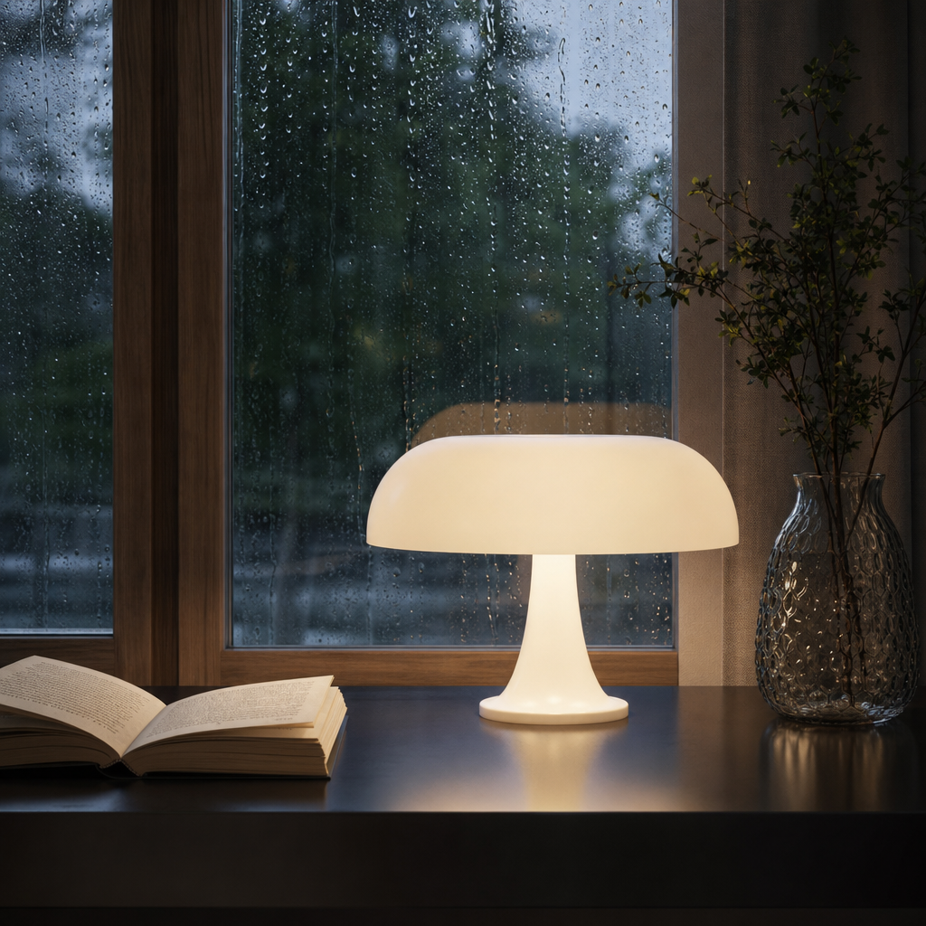 Glowing white mushroom table lamp on a glossy table beside an open book and glass vase.