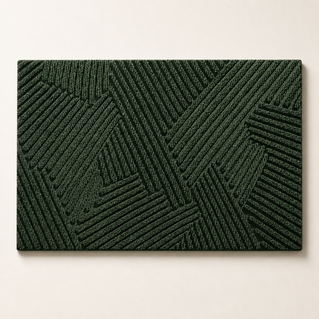 Dark green rectangular textured rug with raised geometric line pattern on a plain light background.