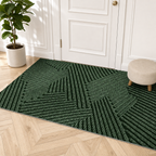 Green geometric patterned area rug in front of a white paneled door.