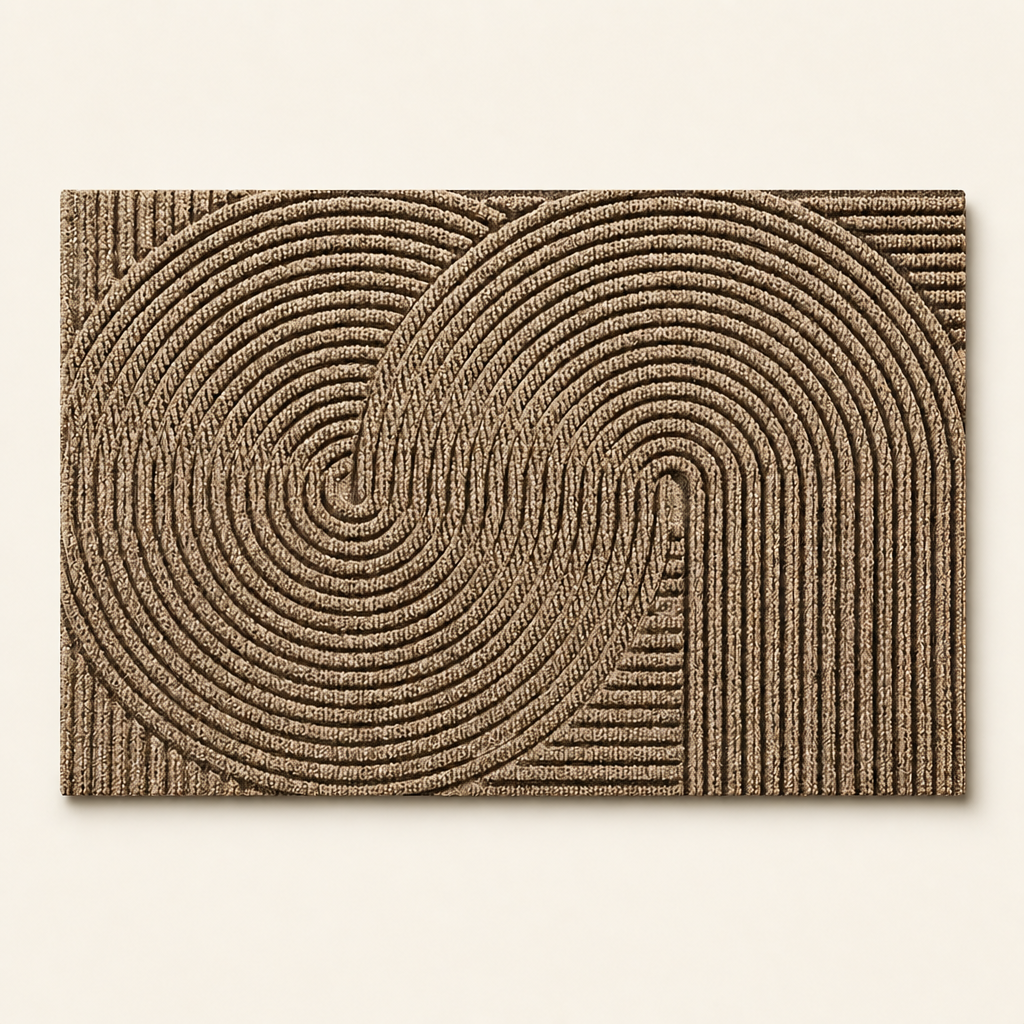 Tan rectangular textured rug with raised concentric arch and circular line patterns.