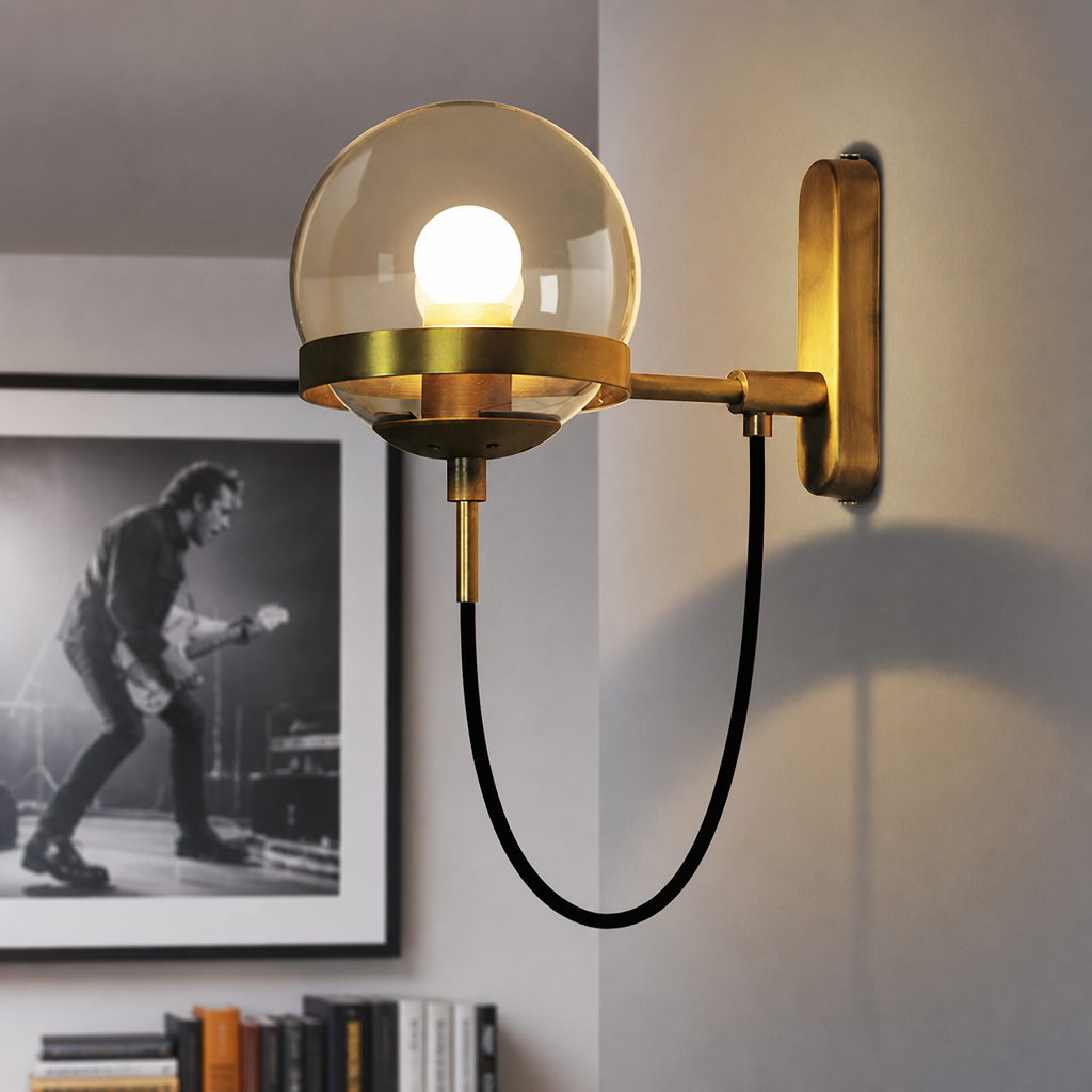 Brass wall sconce with a glass globe shade and black hanging cord glowing warmly on a neutral wall.