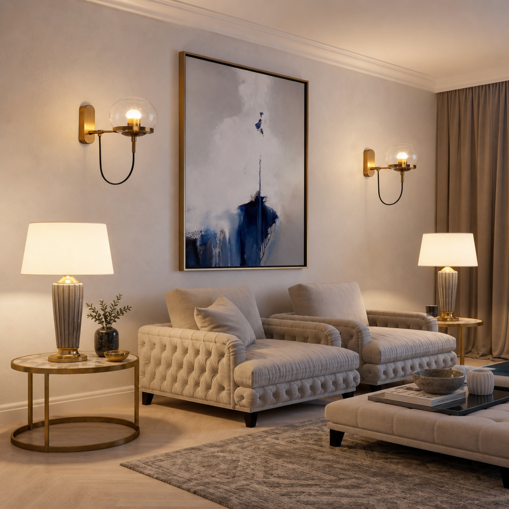 Tufted beige lounge chairs and matching ottoman in a softly lit luxury living room.