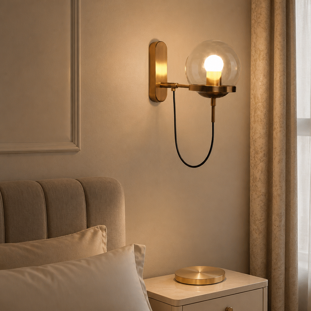 Brass wall sconce with a glowing glass globe above a bedside table.