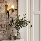 Brass wall sconce with a clear glass globe and glowing bulb beside a plant on a brick wall.