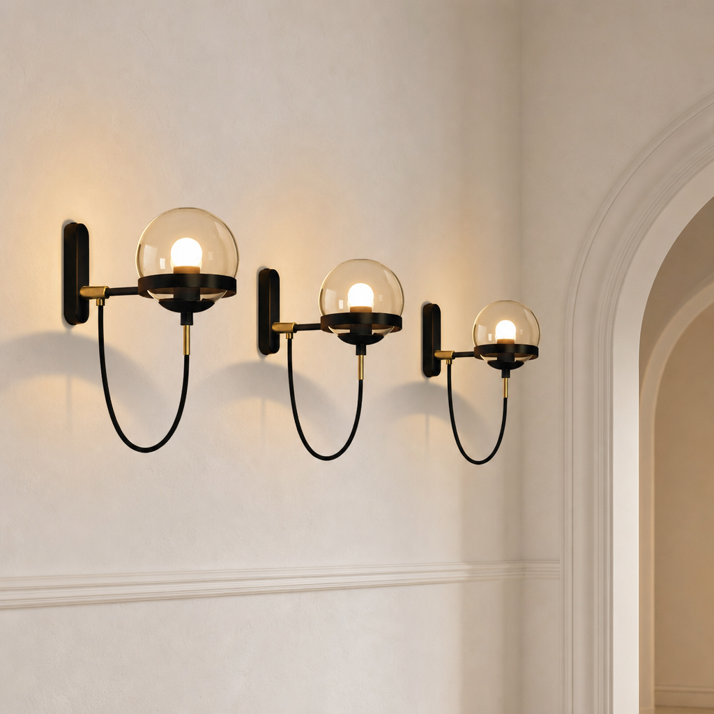 Three glowing glass globe wall sconces with black looped cords and brass accents on a white wall.