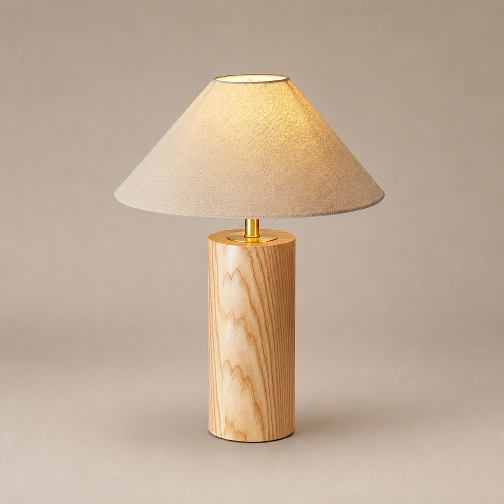 Wooden table lamp with beige fabric shade and warm glow on a neutral studio background.