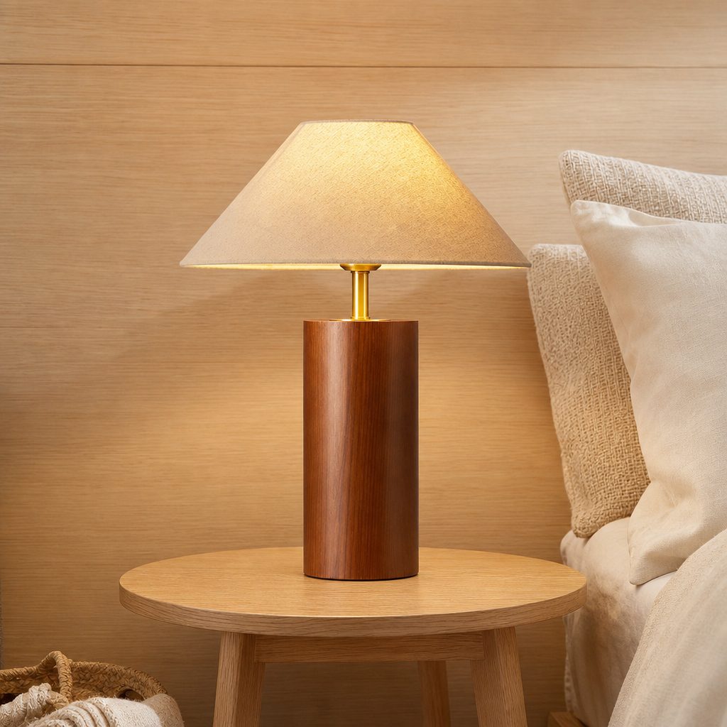 Wooden table lamp with beige fabric shade glowing on a round bedside table.
