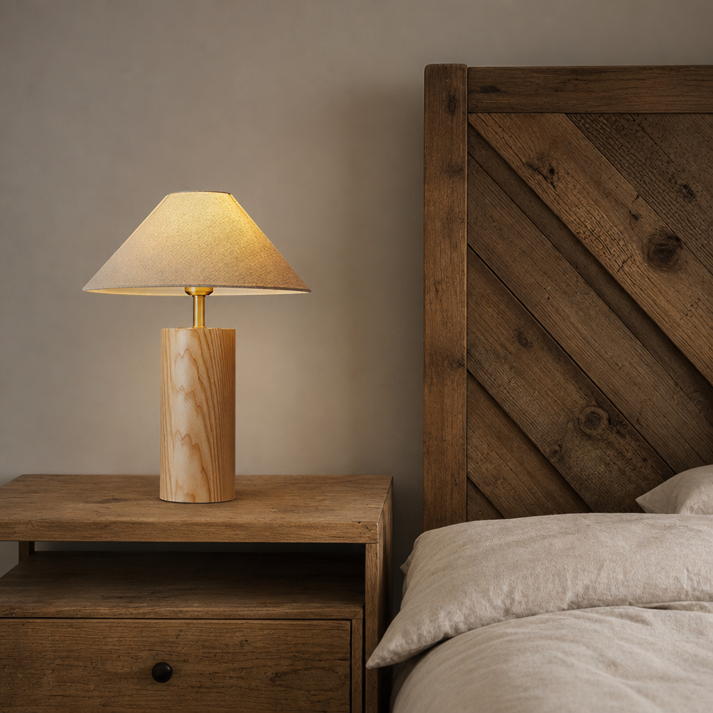 Wooden bedside table lamp with beige shade beside a rustic bed.