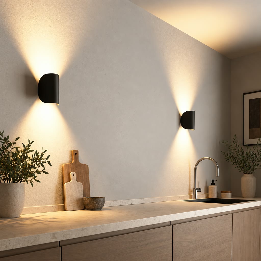 Two black wall lights above a kitchen counter