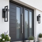 Dark modern front door with glass panels, vertical handle, and matching wall lanterns.