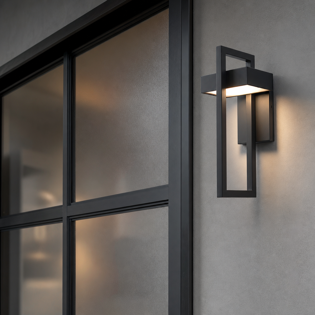 Black rectangular outdoor wall light glowing warmly beside a modern glass door.