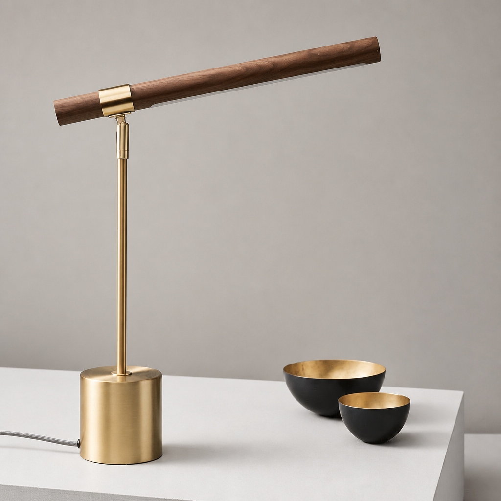 Brass and walnut desk lamp with a slim angled wooden bar on a white surface.