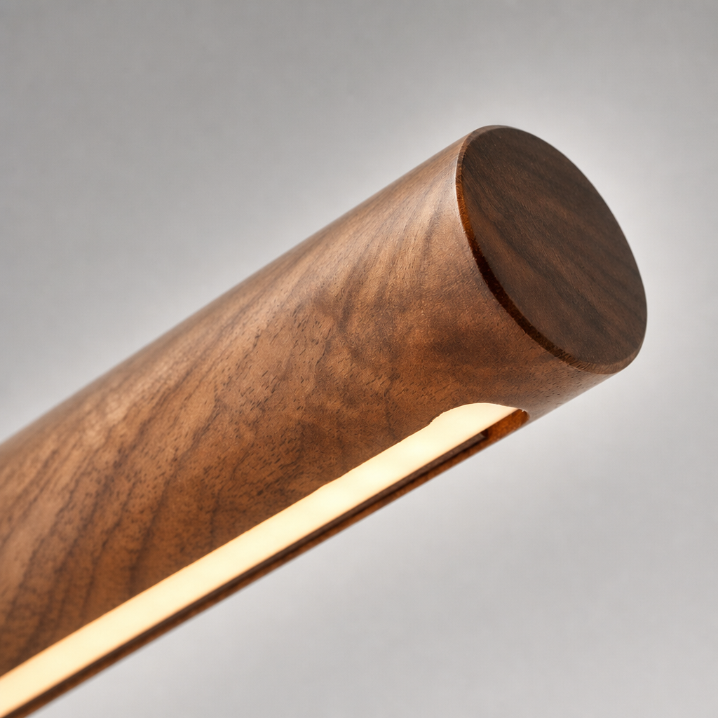 Wooden cylindrical light fixture with a warm glowing strip against a neutral background.