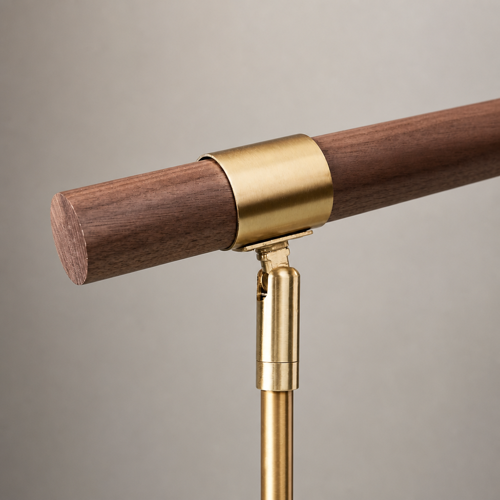 Brass and wood rail support with a cylindrical wooden bar and gold mounting bracket.