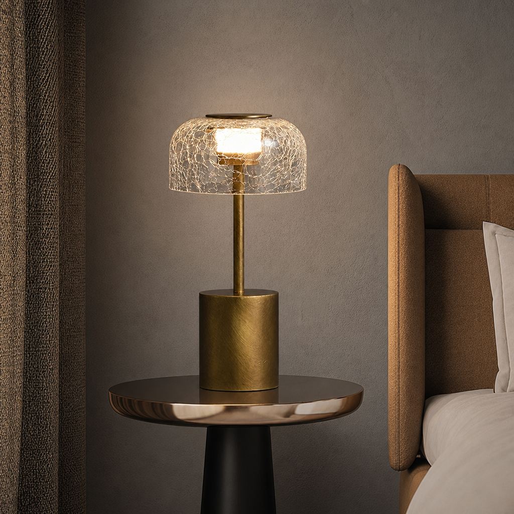 Brass table lamp with cracked glass shade glowing on a bedside table beside a bed.