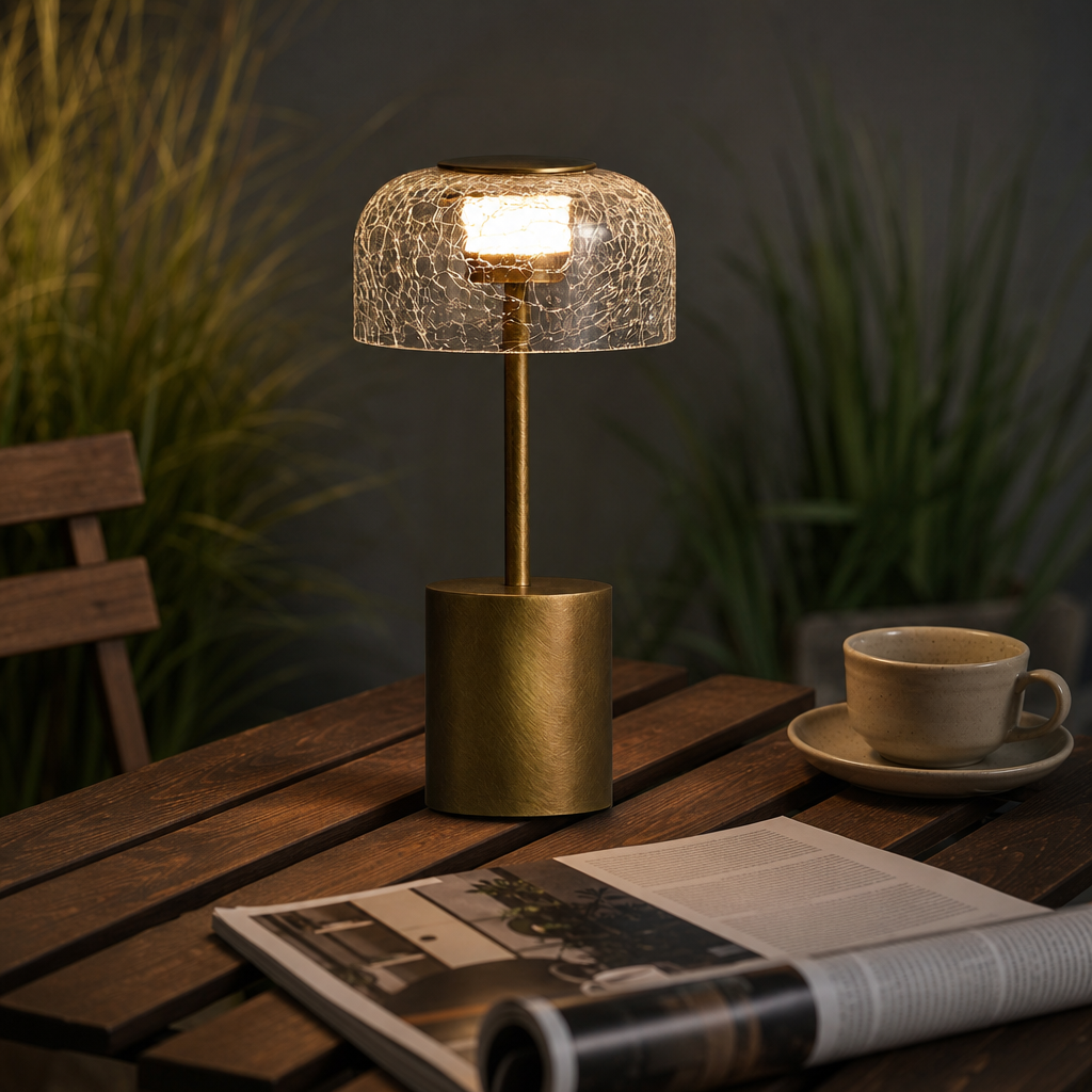 Brass table lamp with a glowing crackled glass dome shade on a wooden table.