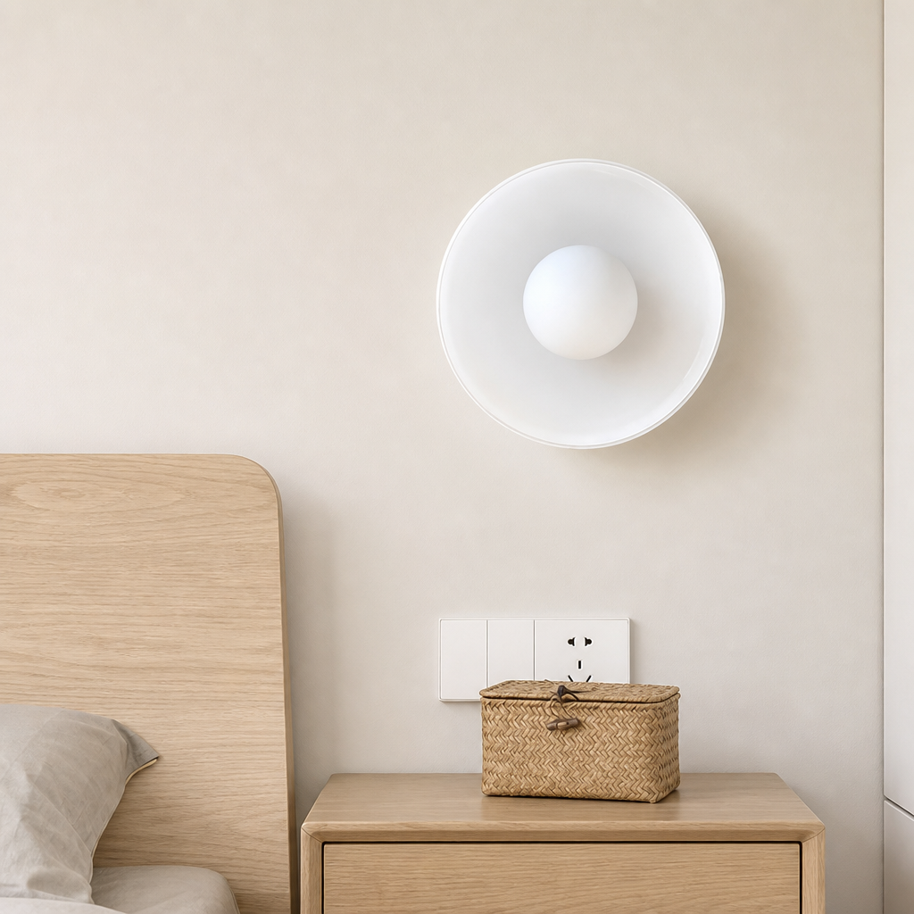 White wall sconce above a woven basket on a light wood bedside table.