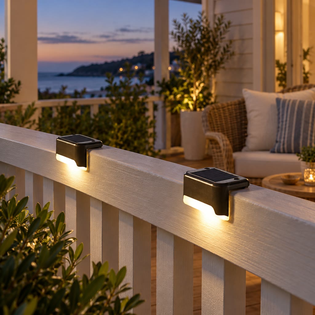 Compact solar lights along the outer balustrade of a timber verandah.