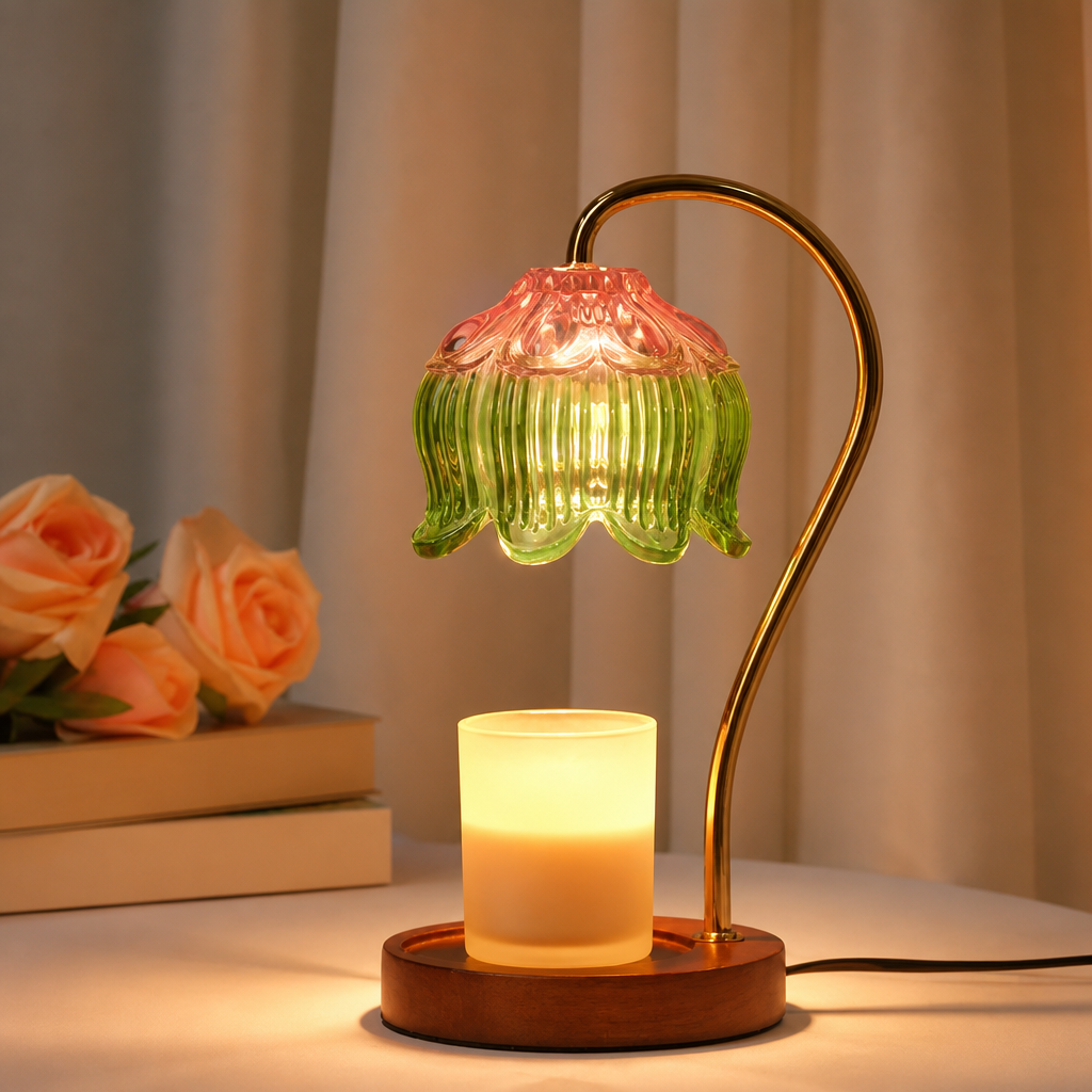 Warm candle lamp with green and pink glass shade on a wooden base beside flowers.