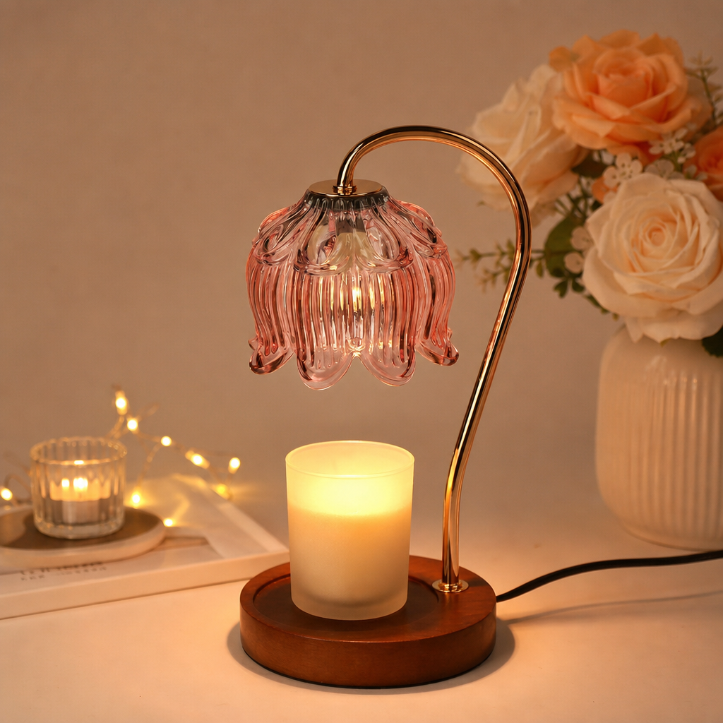 Pink glass flower-shade candle warmer lamp with a gold curved arm and wooden base beside a glowing candle.