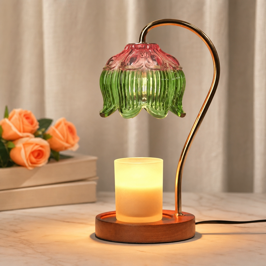 Lit candle warmer lamp with green and pink glass shade on a wooden base.