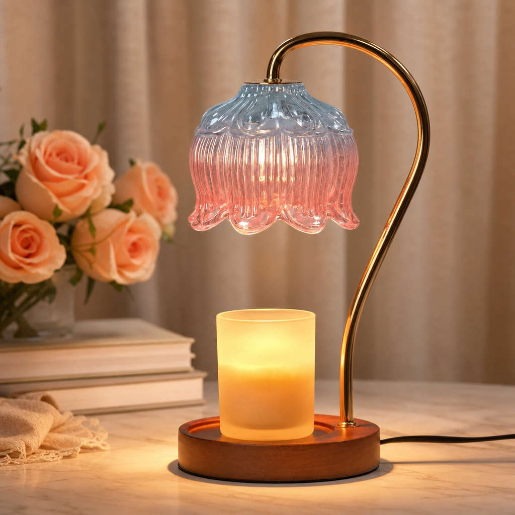 Glass flower candle warmer lamp with gold arm, wooden base, and glowing cream candle.