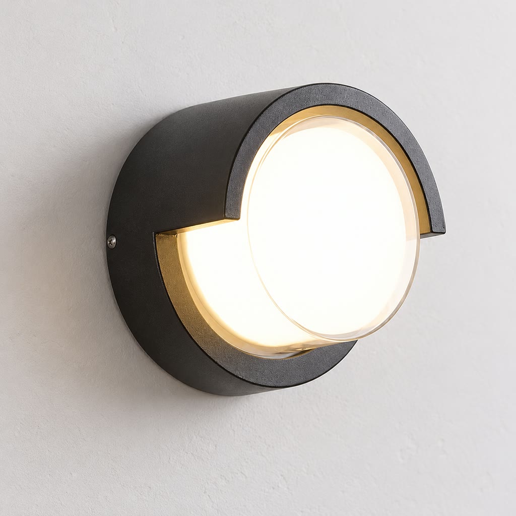 Dark Round Hood Outdoor LED Wall Light, 12W, shown in a close view on an exterior wall.