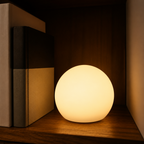 Warm glowing spherical lamp on a wooden shelf beside books.