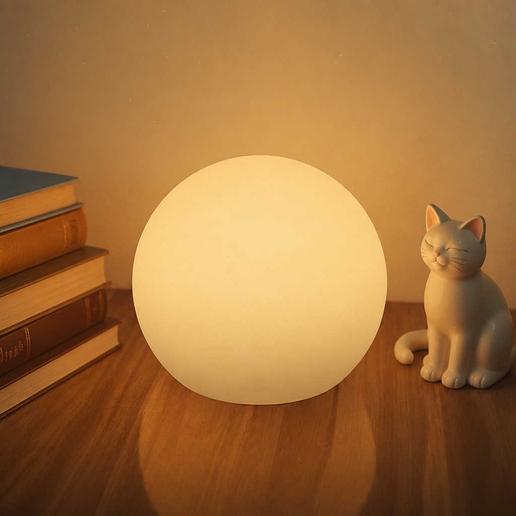 Glowing spherical LED lamp on a wooden table beside books and a ceramic cat.