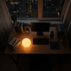 Glowing warm spherical table lamp on a wooden desk beside a nighttime window.