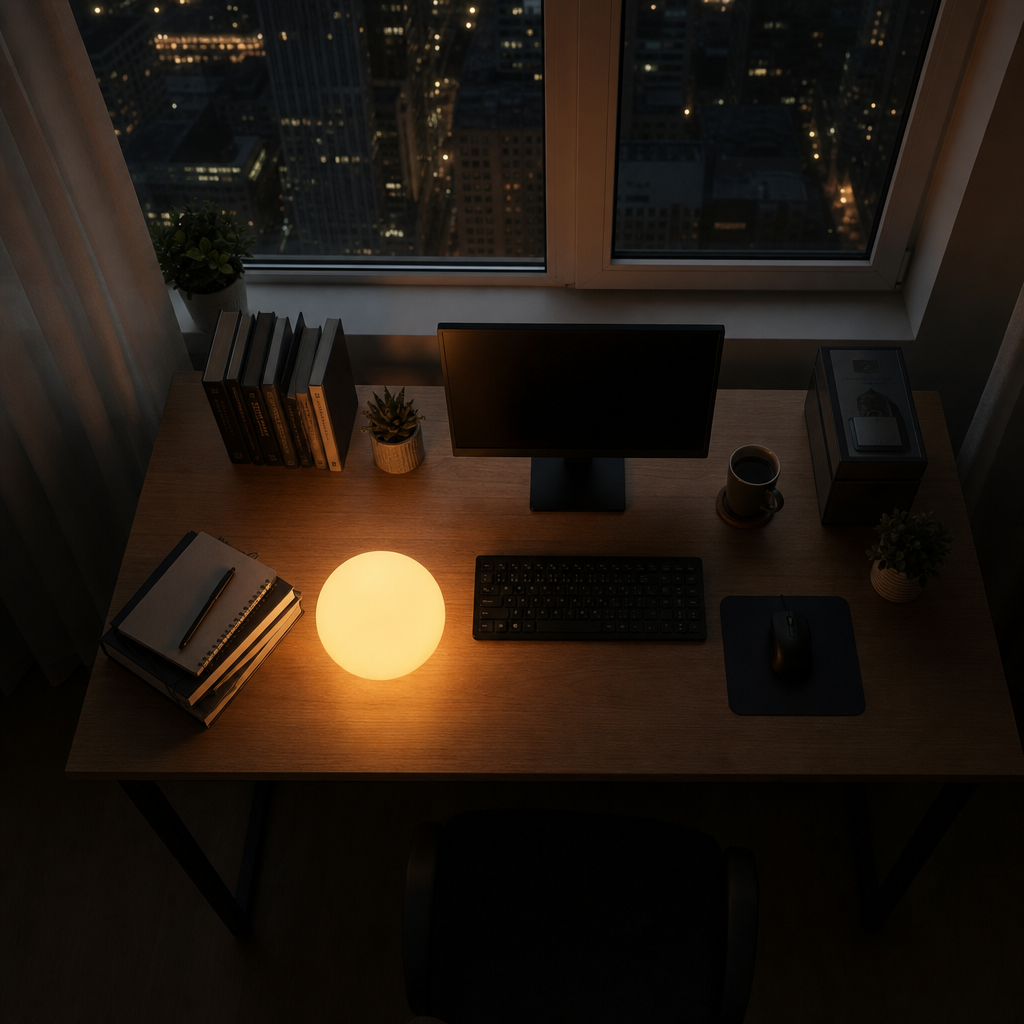 Glowing warm spherical table lamp on a wooden desk beside a nighttime window.
